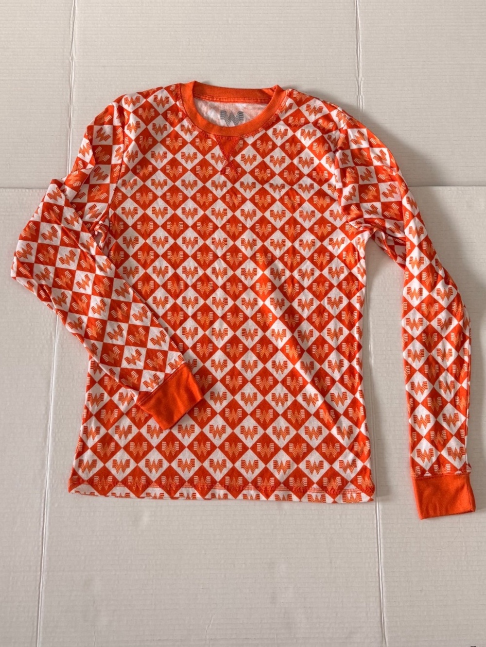 Whataburger Sz S Orange All Over Logo Pattern Long Sleeve Crew Neck Texas